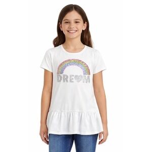 Btween Girls Size 12 Rainbow Dream Sequin Ruffle Hem Top White Graphic Shirt